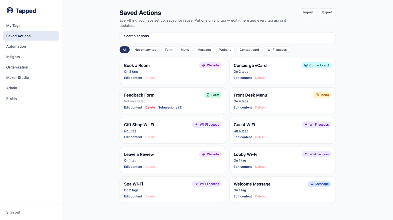Saved Actions library in the Tapped dashboard with action type filter chips and reusable action cards