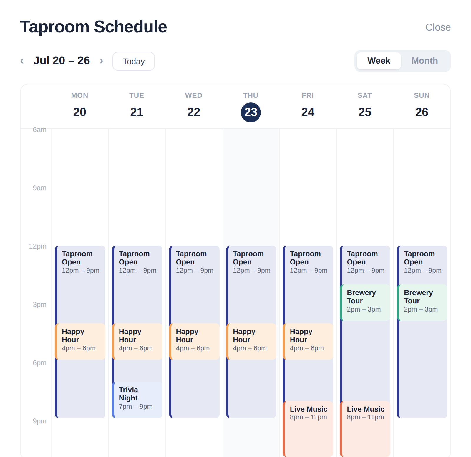 Tapped schedule calendar showing a week of color-coded time windows, each with its own action