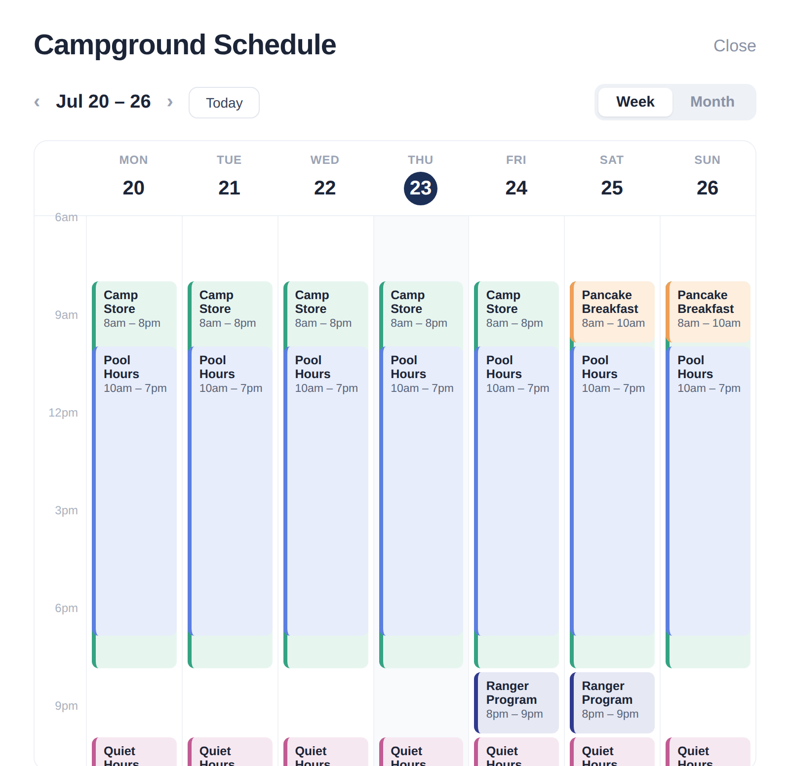 Tapped schedule calendar showing a week of color-coded time windows, each with its own action