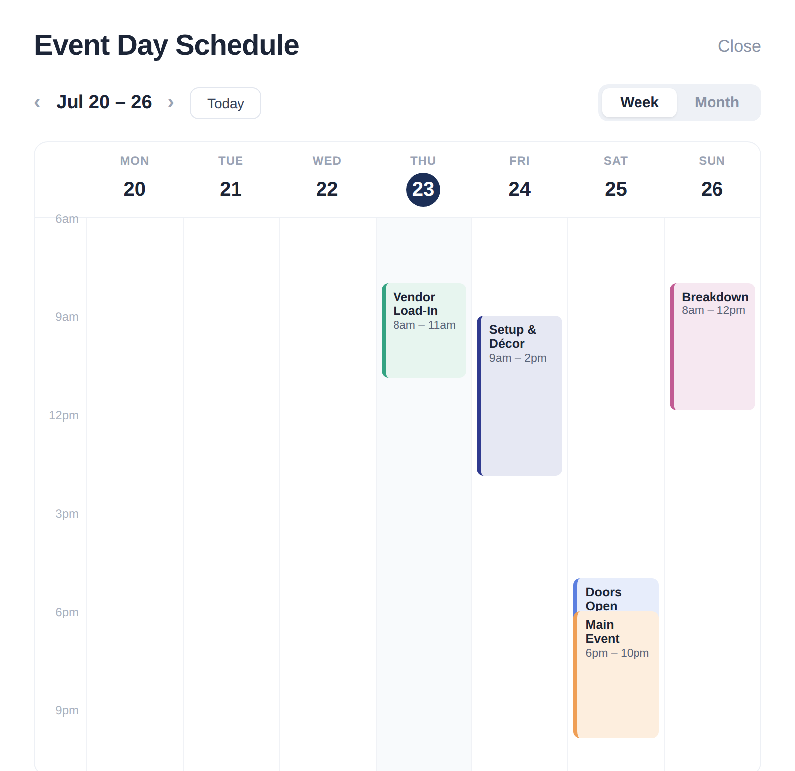 Tapped schedule calendar showing a week of color-coded time windows, each with its own action