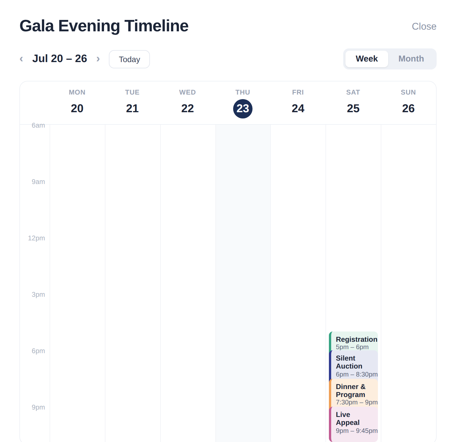 Tapped schedule calendar showing a week of color-coded time windows, each with its own action