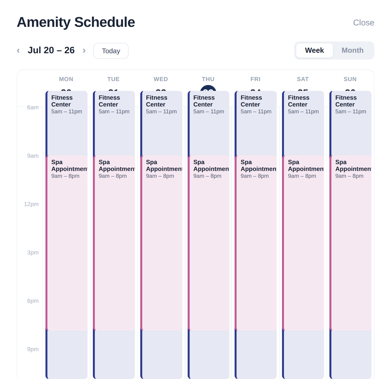 Tapped schedule calendar showing a week of color-coded time windows, each with its own action