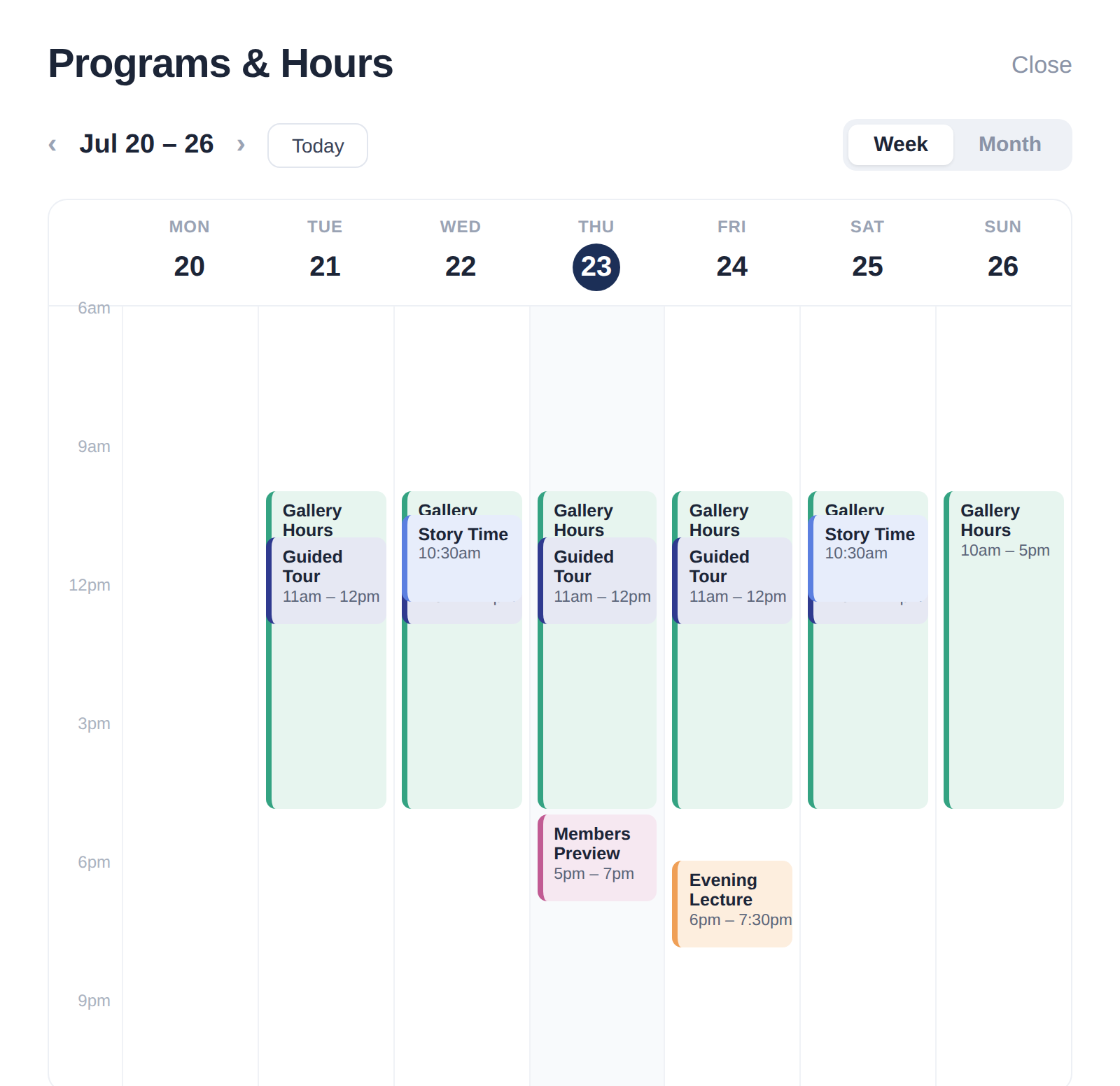 Tapped schedule calendar showing a week of color-coded time windows, each with its own action