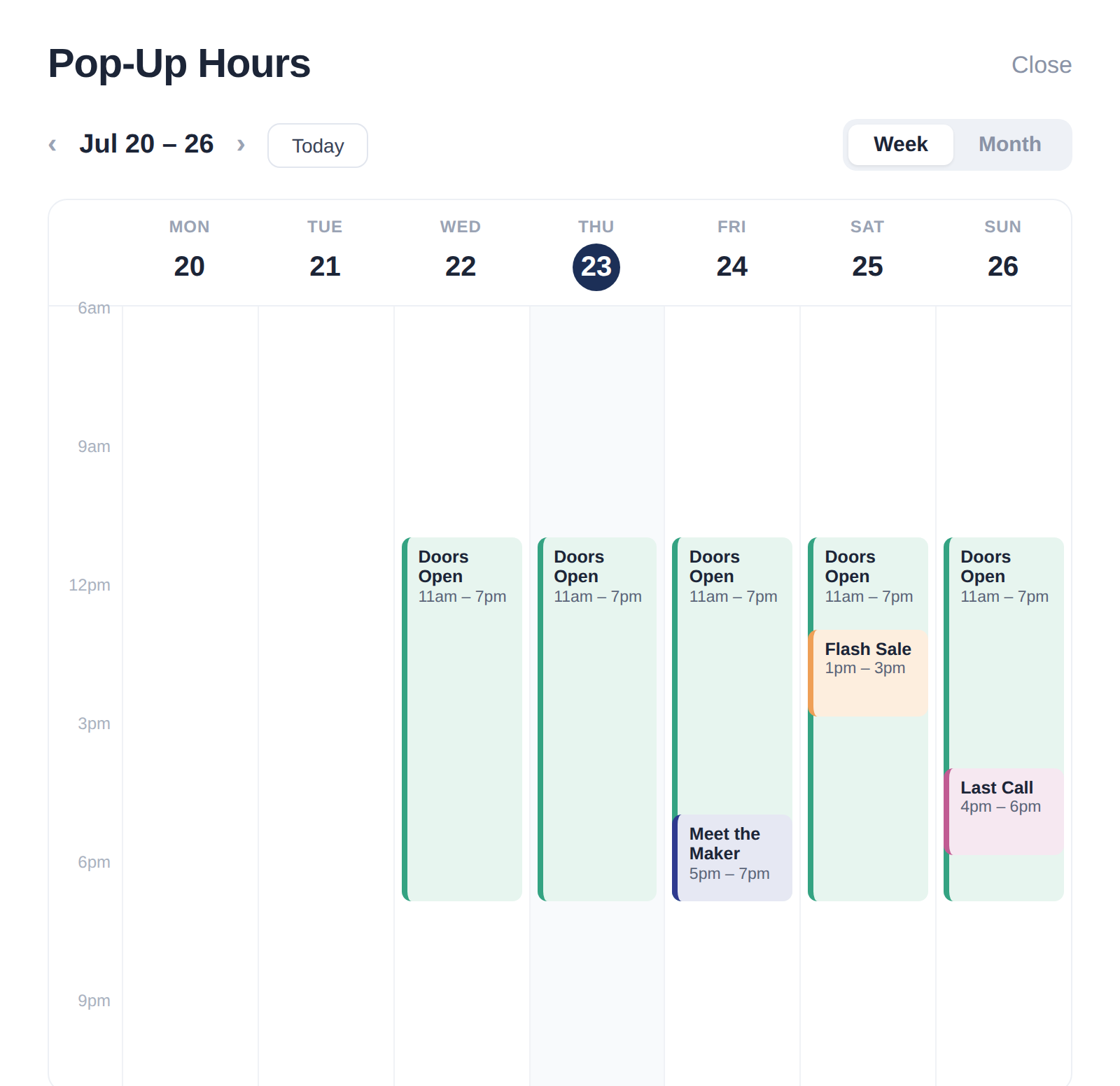 Tapped schedule calendar showing a week of color-coded time windows, each with its own action