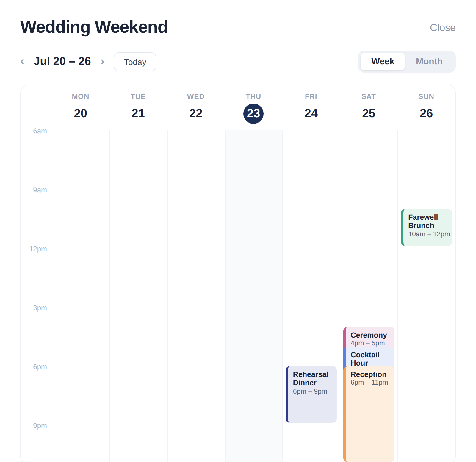Tapped schedule calendar showing a week of color-coded time windows, each with its own action