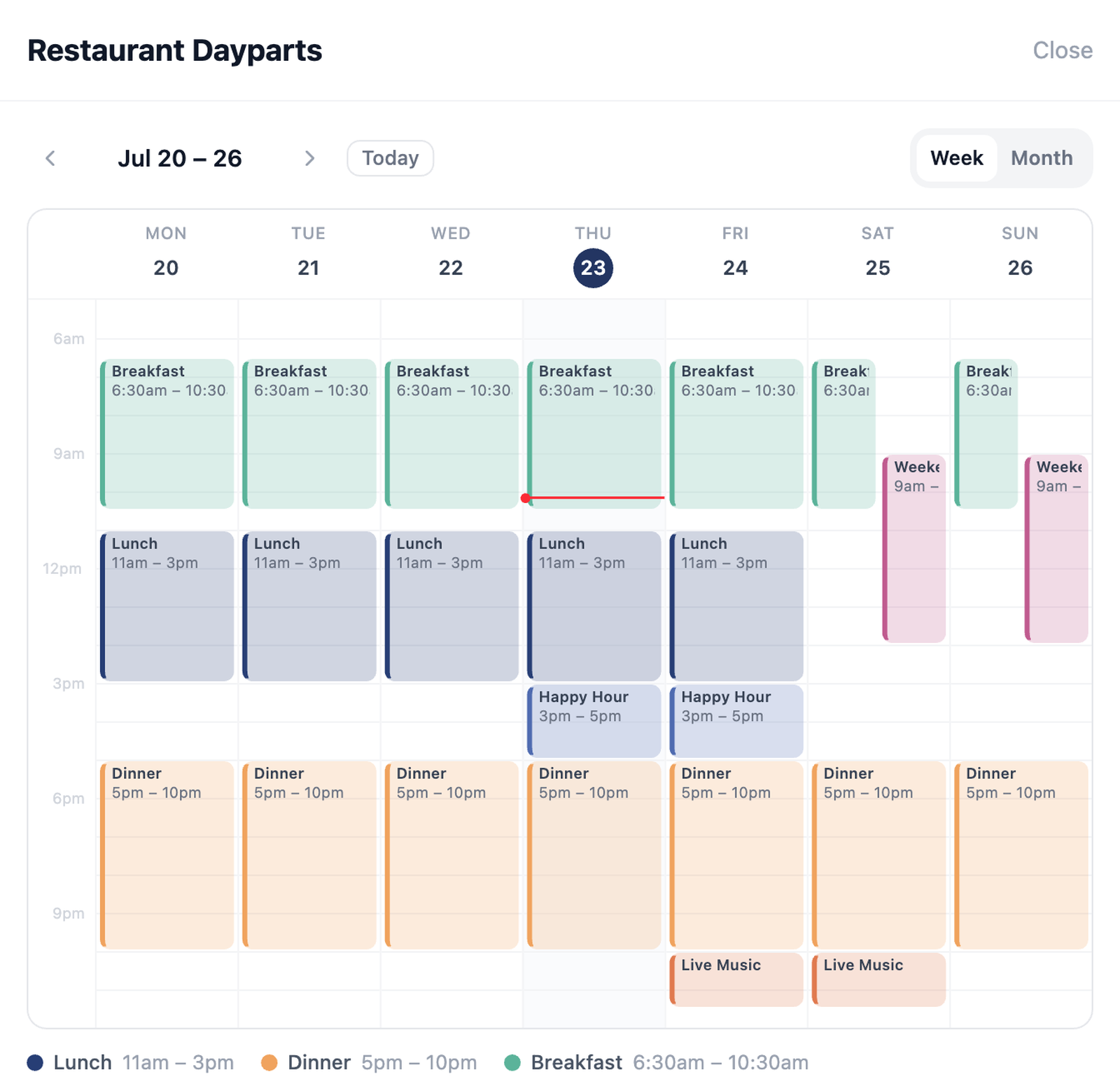 Schedule week-view calendar in the Tapped dashboard with colored time windows and a now-line