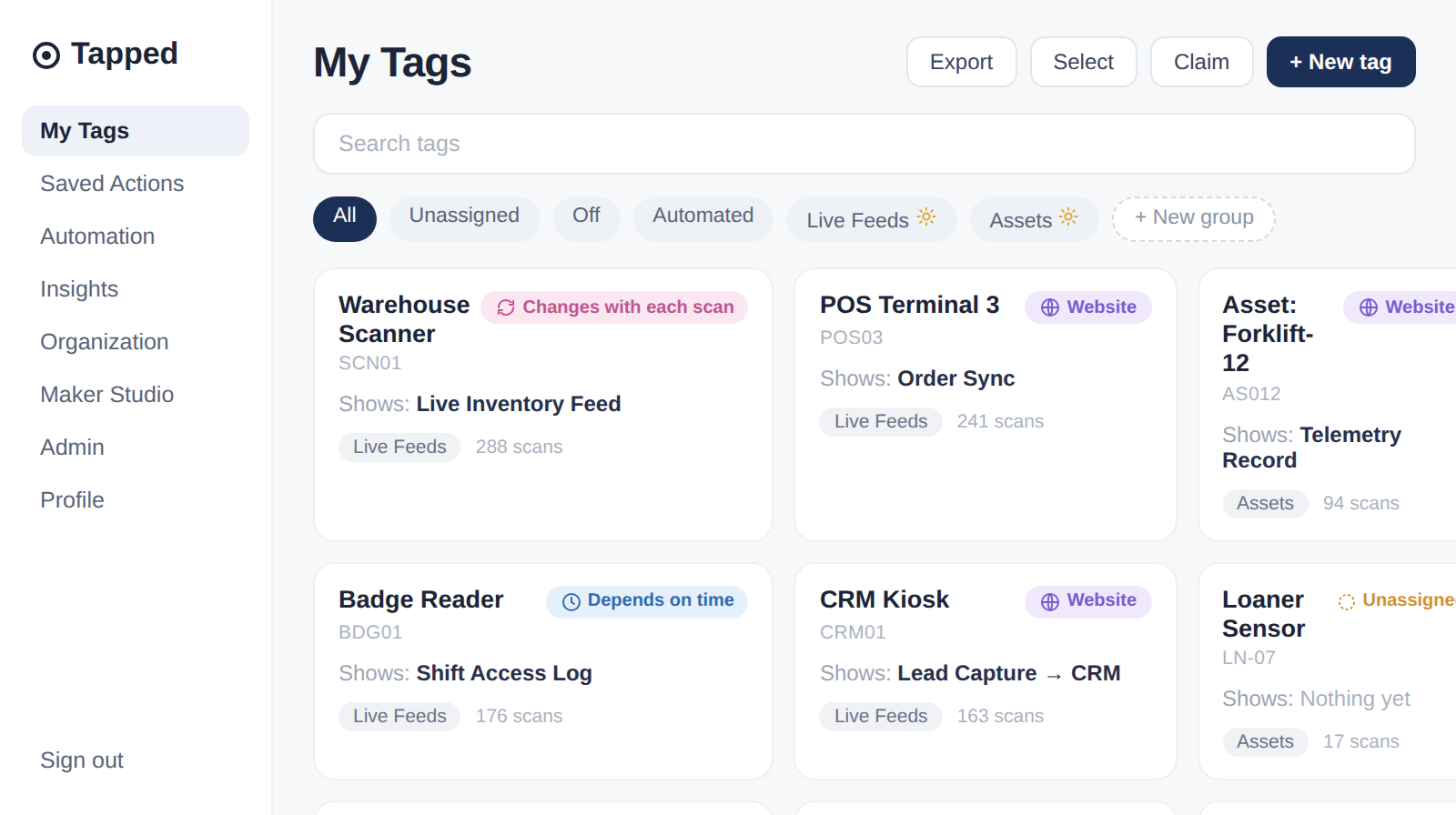 Tapped My Tags dashboard showing a grid of tag cards with type pills, filter chips, and groups