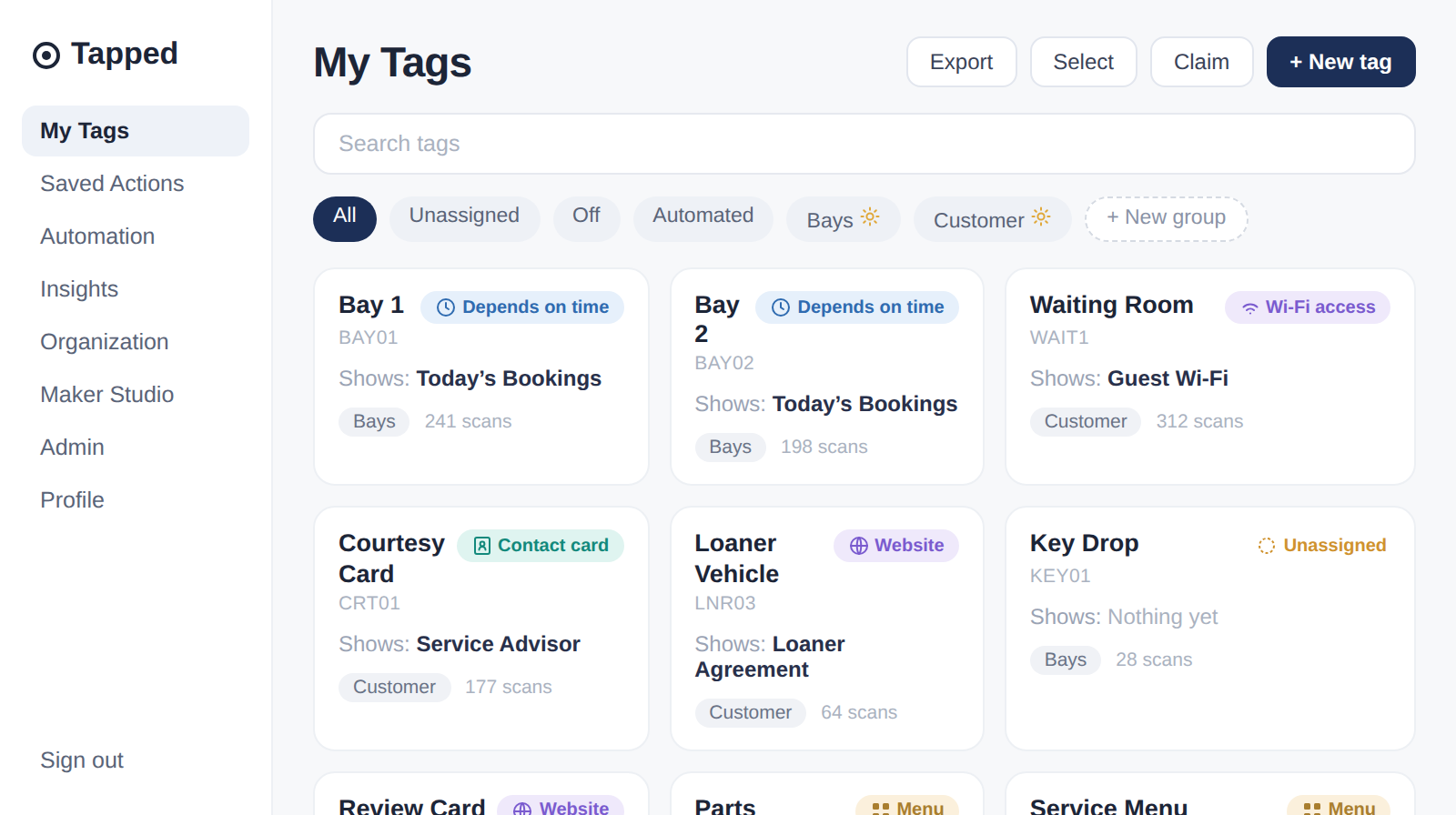 Tapped My Tags dashboard showing a grid of tag cards with type pills, filter chips, and groups