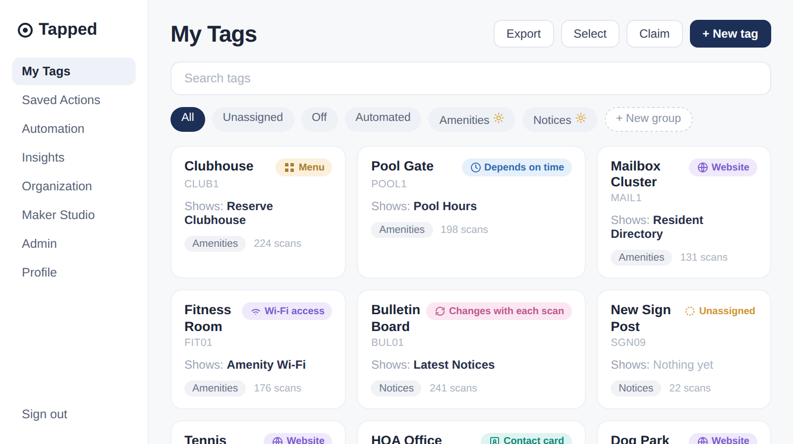 Tapped My Tags dashboard showing a grid of tag cards with type pills, filter chips, and groups