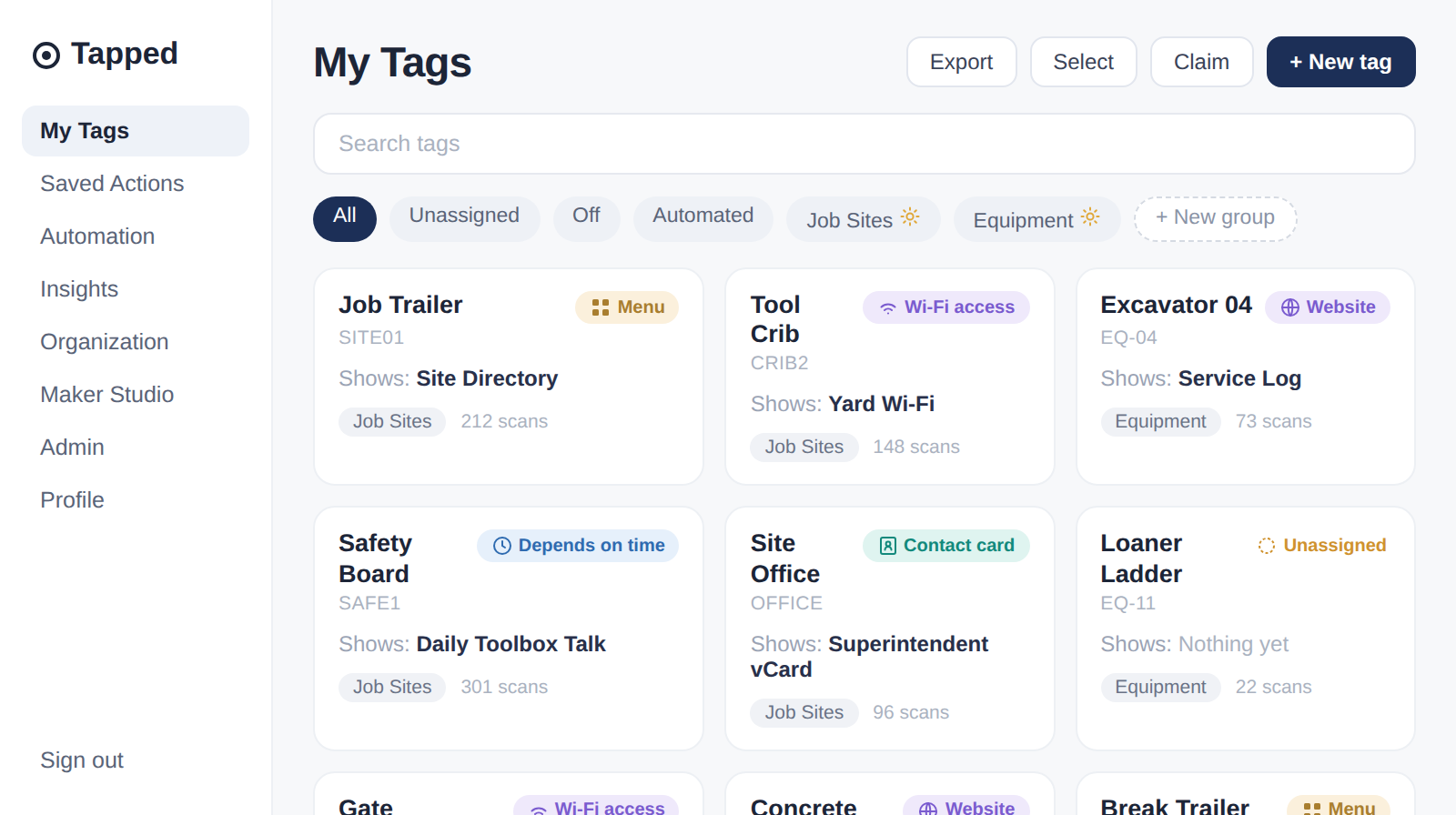 Tapped My Tags dashboard showing a grid of tag cards with type pills, filter chips, and groups
