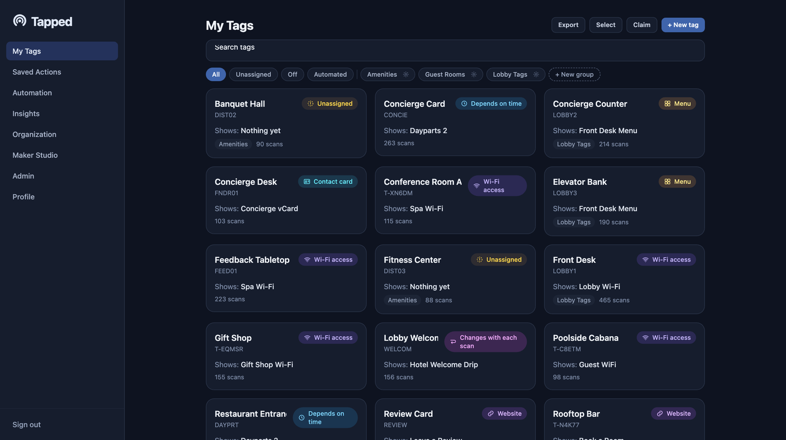 Tapped My Tags dashboard in dark mode