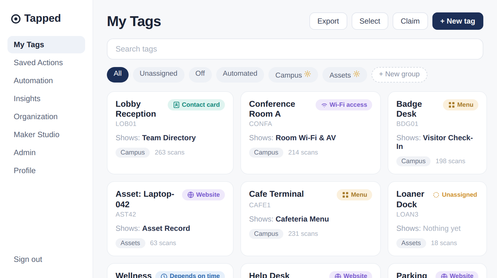 Tapped My Tags dashboard showing a grid of tag cards with type pills, filter chips, and groups