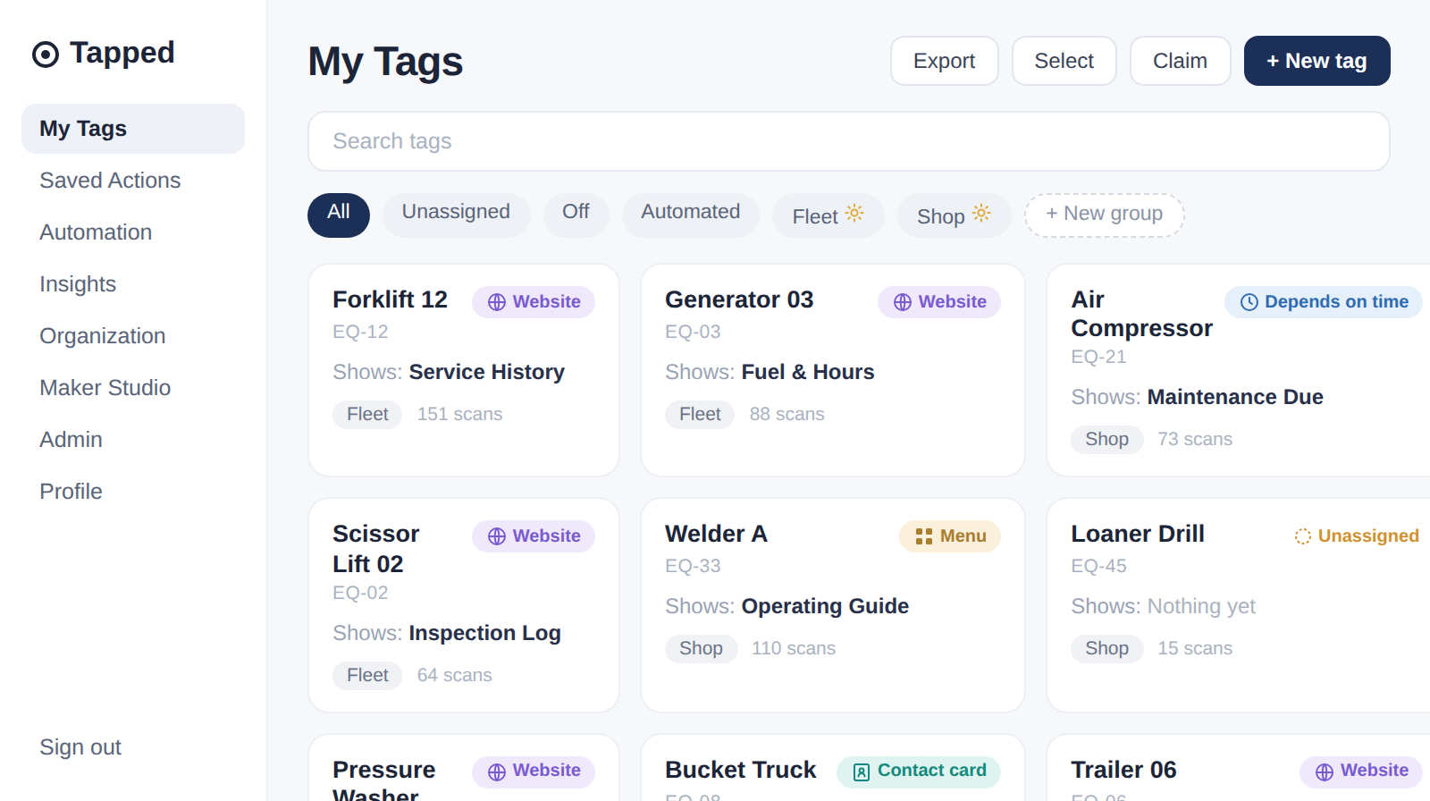 Tapped My Tags dashboard showing a grid of tag cards with type pills, filter chips, and groups