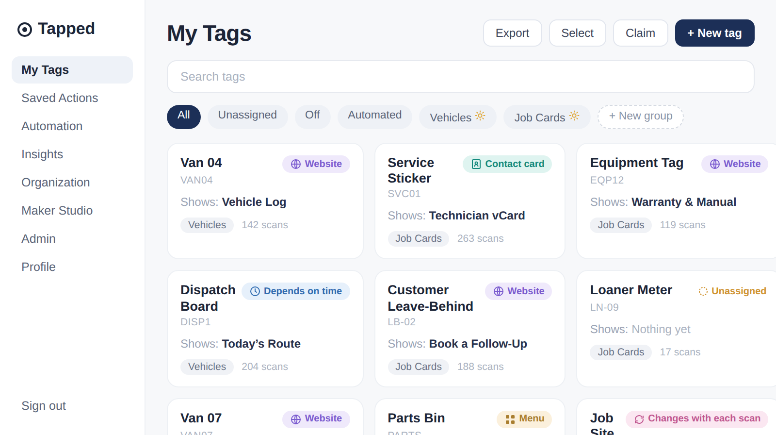 Tapped My Tags dashboard showing a grid of tag cards with type pills, filter chips, and groups