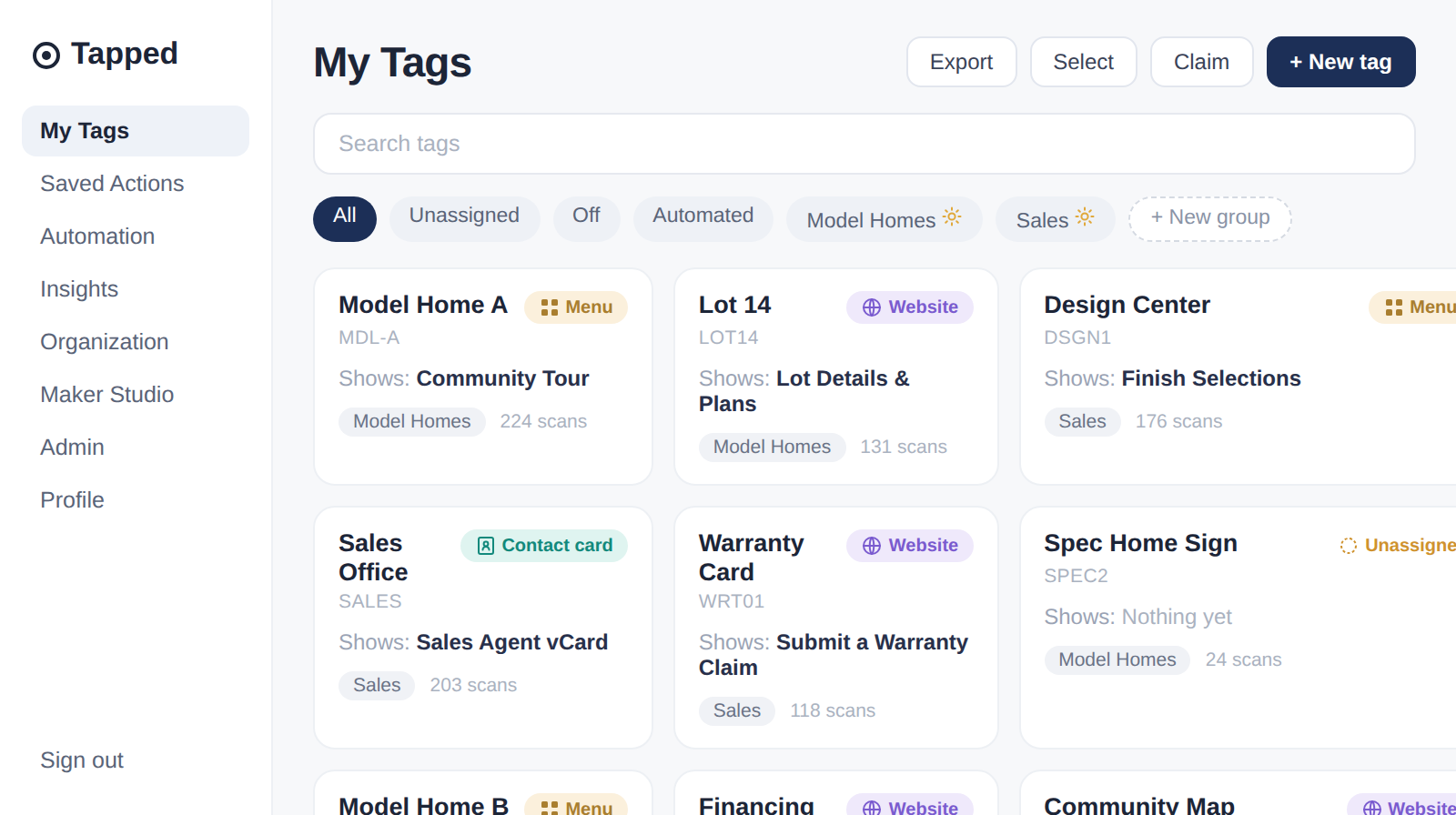 Tapped My Tags dashboard showing a grid of tag cards with type pills, filter chips, and groups