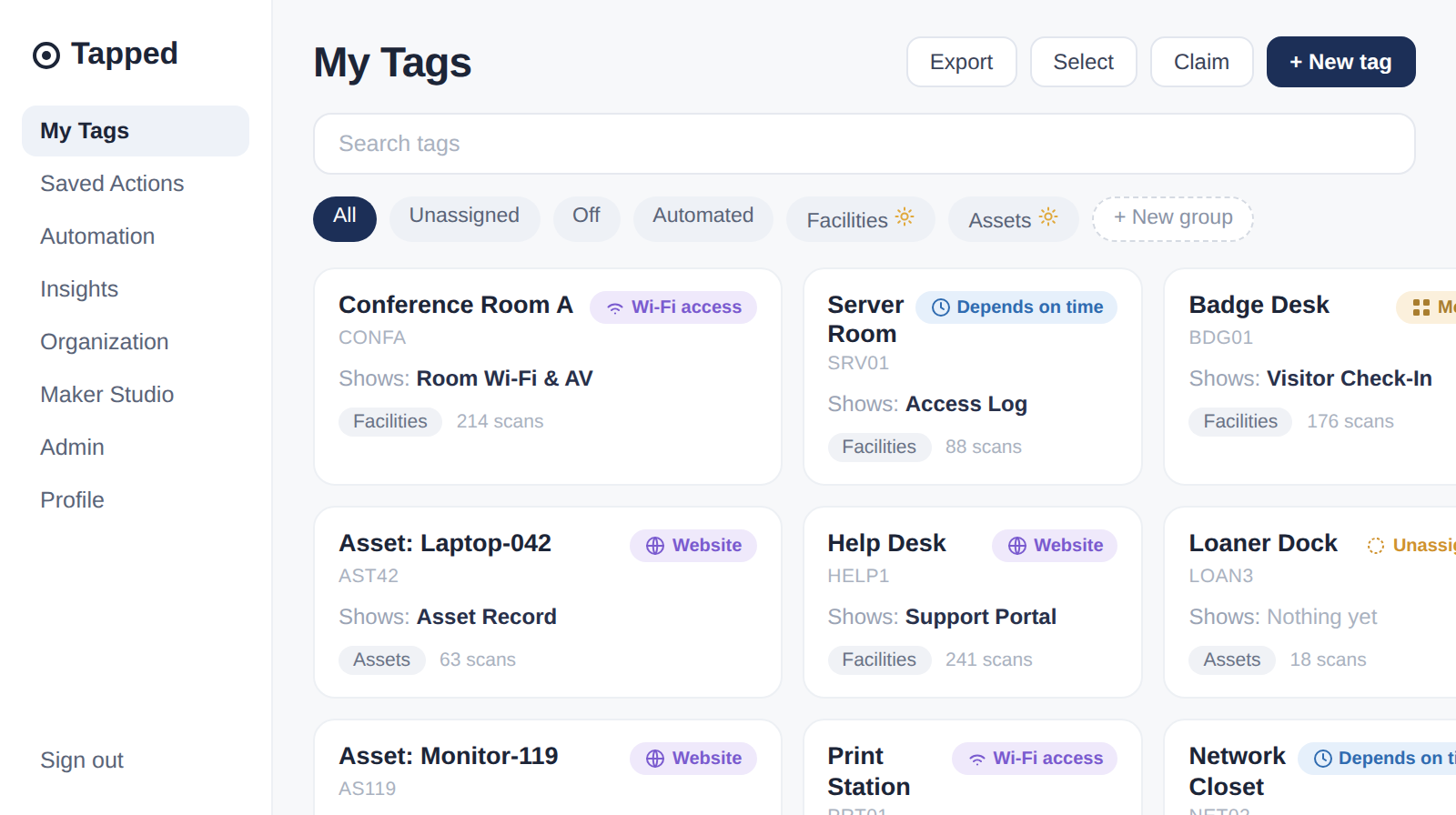 Tapped My Tags dashboard showing a grid of tag cards with type pills, filter chips, and groups