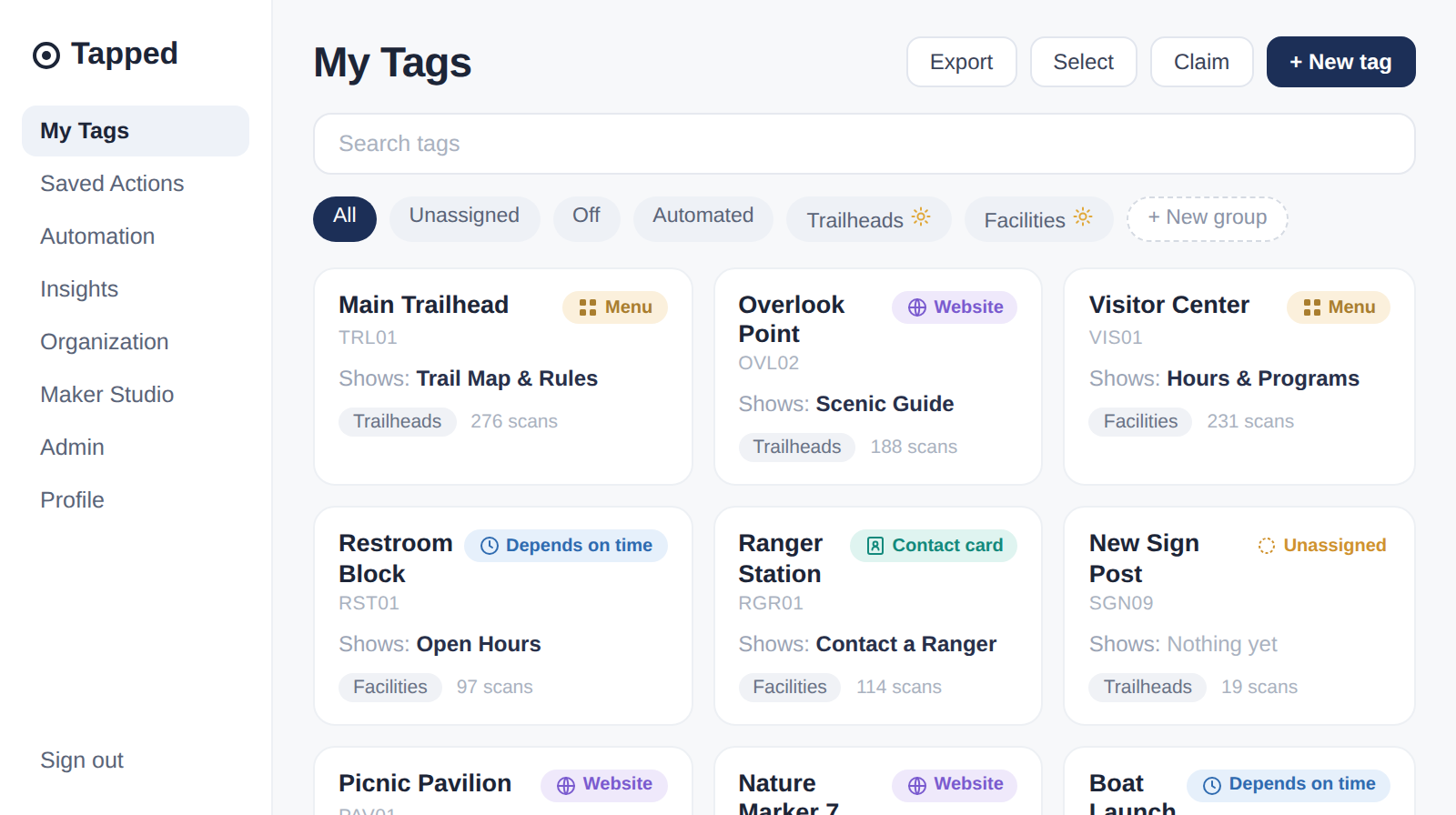 Tapped My Tags dashboard showing a grid of tag cards with type pills, filter chips, and groups