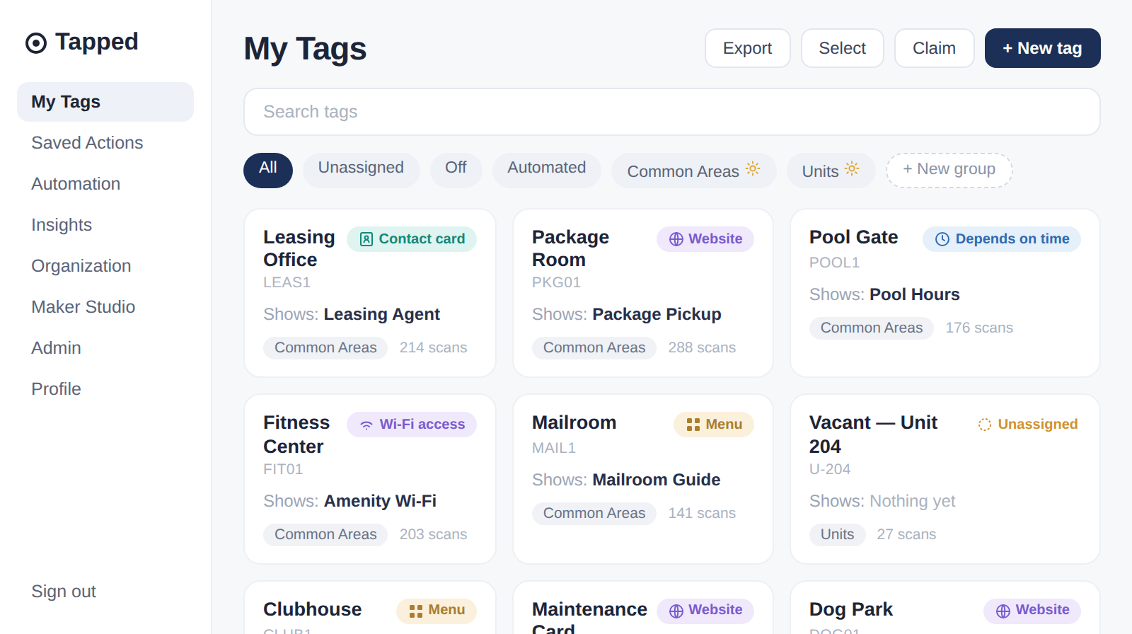 Tapped My Tags dashboard showing a grid of tag cards with type pills, filter chips, and groups
