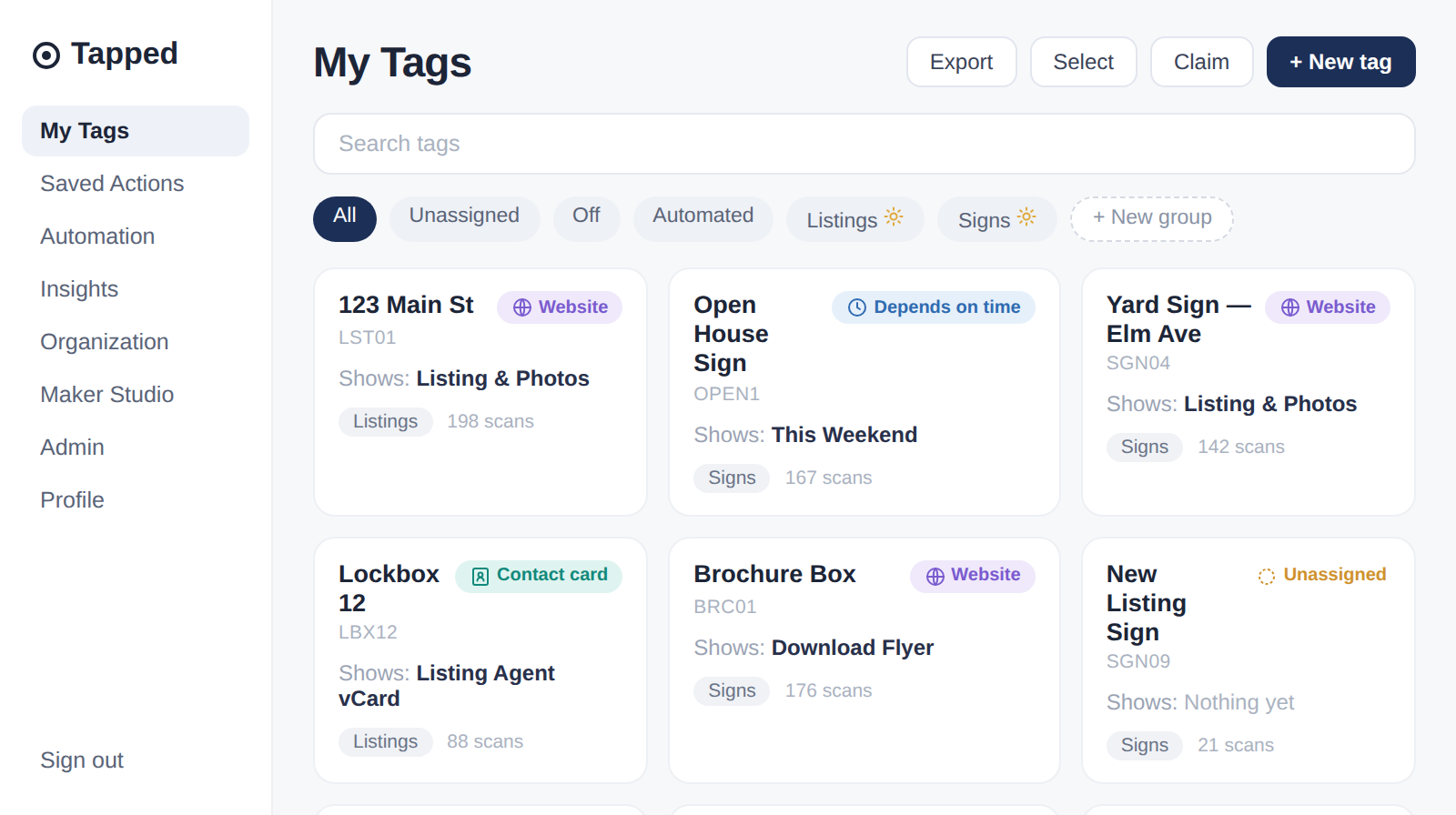 Tapped My Tags dashboard showing a grid of tag cards with type pills, filter chips, and groups