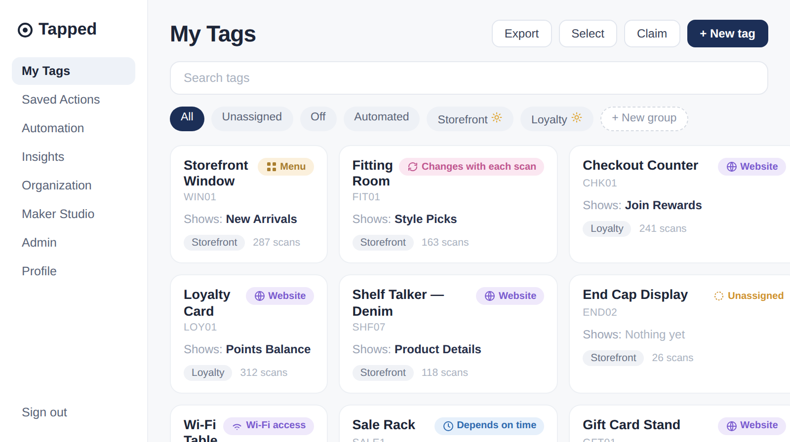 Tapped My Tags dashboard showing a grid of tag cards with type pills, filter chips, and groups