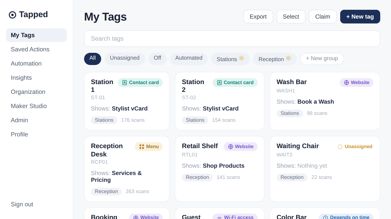 Tapped My Tags dashboard showing a grid of tag cards with type pills, filter chips, and groups