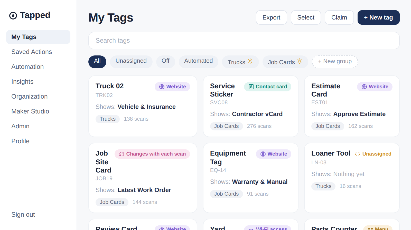 Tapped My Tags dashboard showing a grid of tag cards with type pills, filter chips, and groups