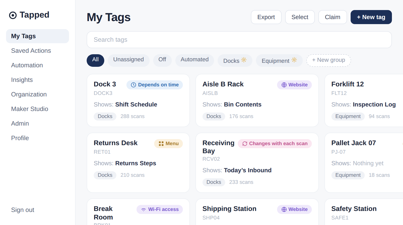 Tapped My Tags dashboard showing a grid of tag cards with type pills, filter chips, and groups