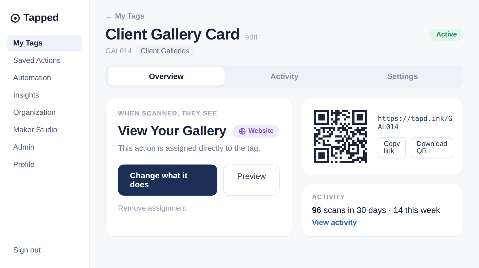 Tapped tag detail page showing what visitors see when they scan, the QR code, and recent activity