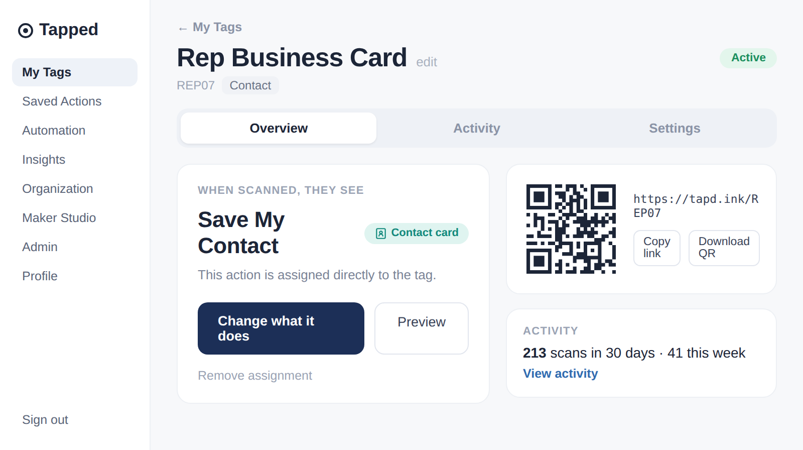 Tapped tag detail page showing what visitors see when they scan, the QR code, and recent activity